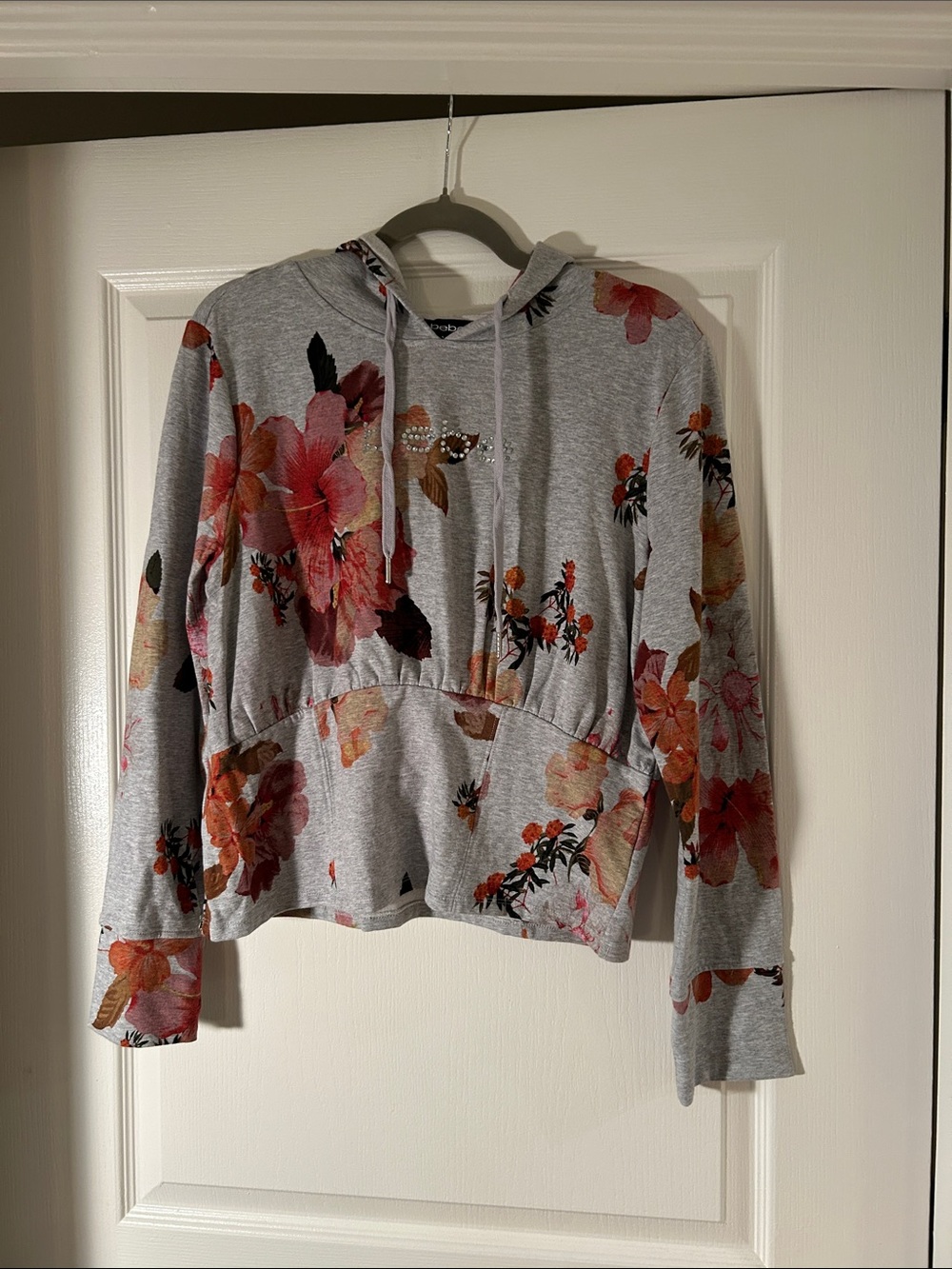 bebe Gray Hoodie with Pink & Coral Floral Print